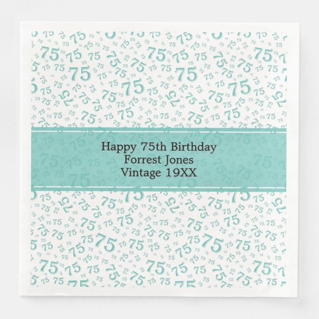 75th Birthday Cool Number Pattern Teal/White Paper Dinner Napkins (Front)