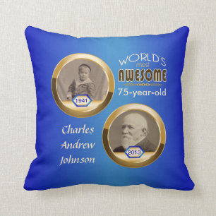 75th Birthday Custom Then Now Gold Blue Photoframe Throw Pillow