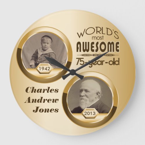 75th Birthday Custom Then Now Gold Photo Frame Large Clock