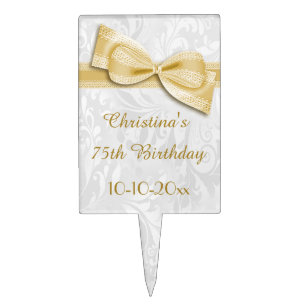 75th Birthday Damask and Faux Bow Cake Topper