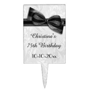 75th Birthday Damask and Faux Bow Cake Topper
