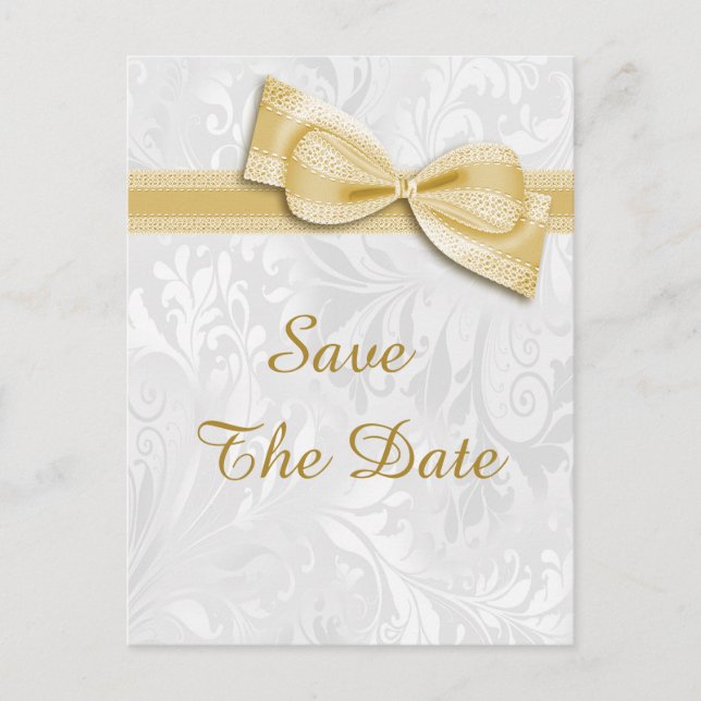 75th Birthday Damask and Faux Bow Save The Date Announcement Postcard (Front)