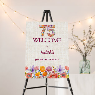 75th Birthday Elegant Floral Linen Welcome Sign