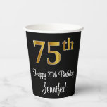[ Thumbnail: 75th Birthday - Elegant Luxurious Faux Gold Look # Paper Cups ]