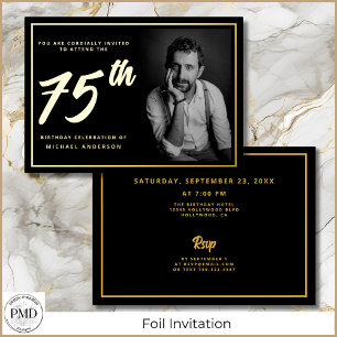 75th Birthday Elegant Photo Black Gold Foil Invitation