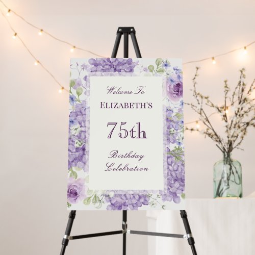 75th Birthday Elegant Purple Flowers Welcome Sign