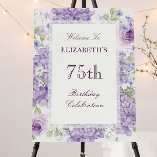 75th Birthday Elegant Purple Flowers Welcome Sign