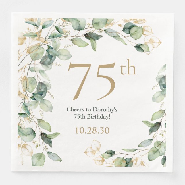 75th Birthday Eucalyptus Paper Dinner Napkins (Front)