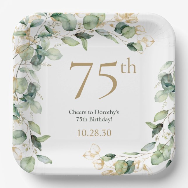 75th Birthday Eucalyptus Paper Plates (Front)