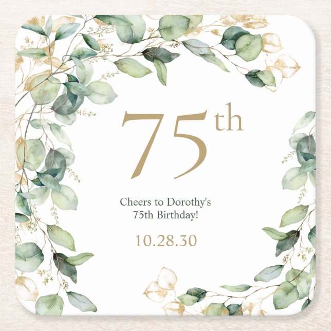 75th Birthday Eucalyptus Square Paper Coaster (Front)