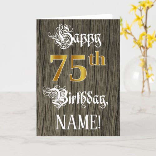 75th Birthday Faux Gold Look  Faux Wood Pattern Card