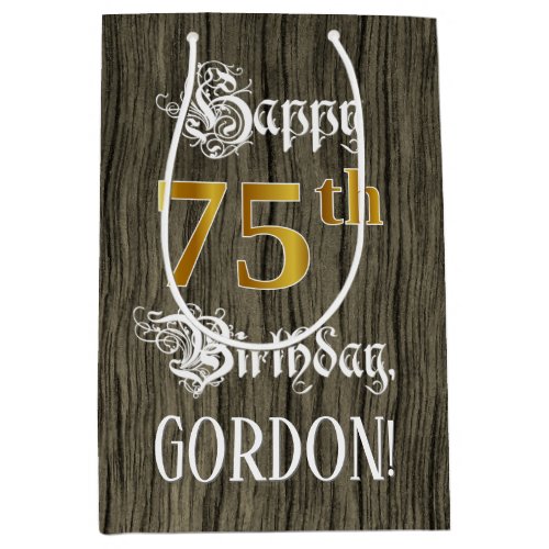 75th Birthday Faux Gold Look  Faux Wood Pattern Medium Gift Bag