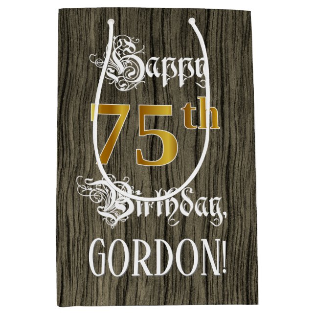 75th Birthday: Faux Gold Look & Faux Wood Pattern Medium Gift Bag (Front)