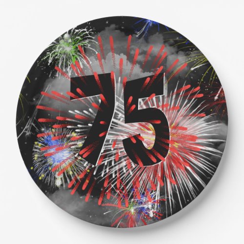 75th Birthday Fireworks In Clouds Paper Plate