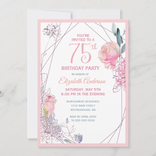 75th Birthday Floral Blush Rose Watercolor Party Invitation