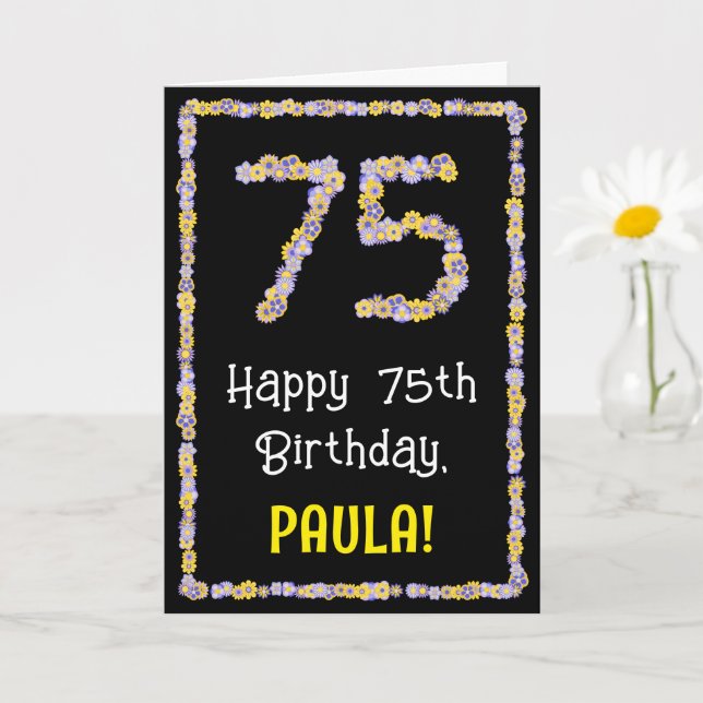 75th Birthday: Floral Flowers Number, Custom Name Card (Small Plant)