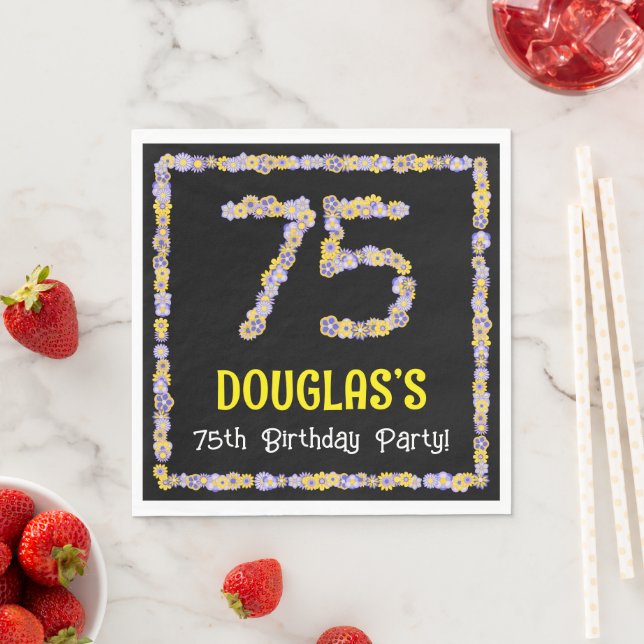 75th Birthday: Floral Flowers Number, Custom Name Napkins (Insitu)
