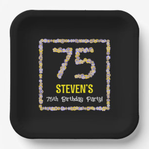 75th Birthday: Floral Flowers Number, Custom Name Paper Plates
