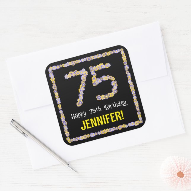 75th Birthday: Floral Flowers Number, Custom Name Square Sticker (Envelope)