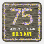 [ Thumbnail: 75th Birthday: Floral Number, Faux Wood Look, Name Sticker ]