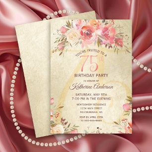 75th Birthday Floral Pink Roses Gold Shimmer Party Invitation