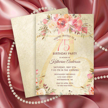 75th Birthday Floral Pink Roses Gold Shimmer Party Invitation by ilovedigis at Zazzle