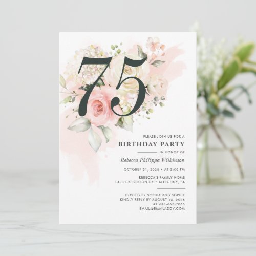 75th Birthday Floral Watercolor Pink Greenery Invitation