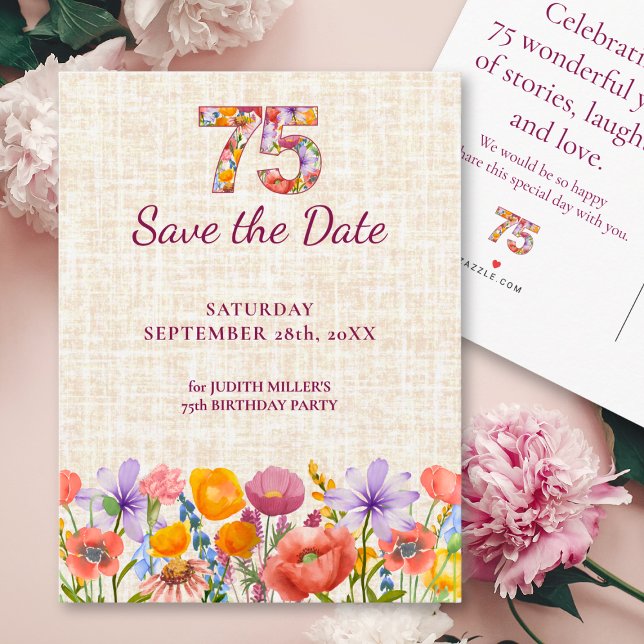 75th Birthday Flowers - 75 Elegant Save the Date Announcement Postcard (Creator Uploaded)