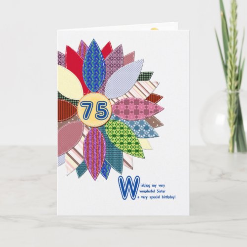 75th birthday for sister stitched flower card