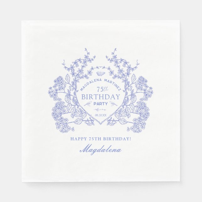 75th Birthday French Blue Floral Crest Custom Napkins (Front)