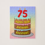 75th Birthday: Fun Cake and Candles   Custom Name Jigsaw Puzzle<br><div class="desc">This colorful and fun birthday themed jigsaw puzzle design features a cartoon-style depiction of a three-tier birthday cake having number-shaped candles on top showing the age “75“, along with the message “HAPPY 75TH BIRTHDAY, ”, and a personalized recipient name. The background has a multicolored pastel rainbow spectrum inspired gradient pattern....</div>
