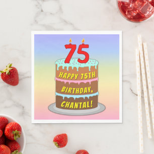 75th Birthday: Fun Cake and Candles + Custom Name Napkins