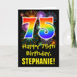 [ Thumbnail: 75th Birthday: Fun Fireworks Pattern + Rainbow 75 Card ]