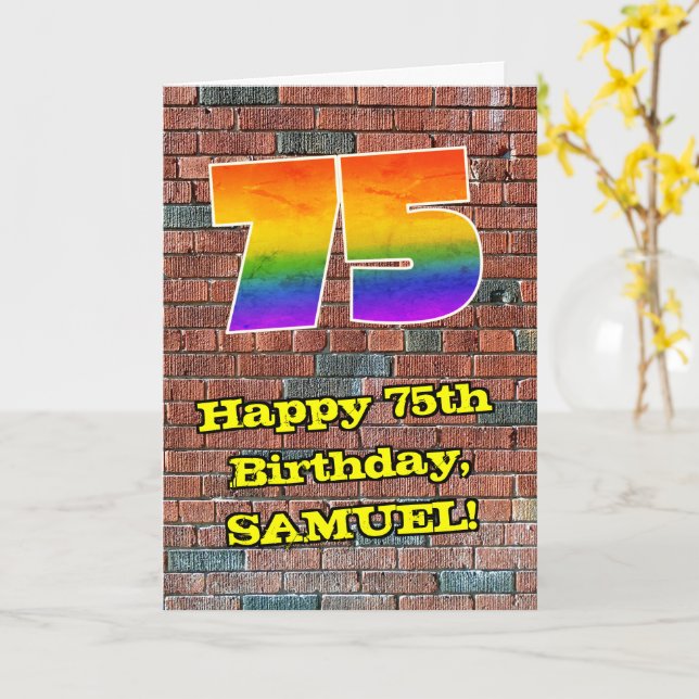 75th Birthday: Fun Graffiti-Inspired Rainbow 75 Card (Yellow Flower)