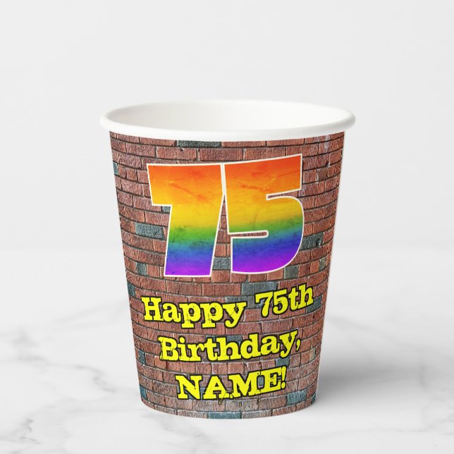 75th Birthday: Fun Graffiti-Inspired Rainbow 75 Paper Cups (Back)