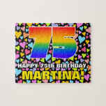 75th Birthday — Fun, Loving Heart Shapes   “75” Jigsaw Puzzle<br><div class="desc">This eye-catching and colorful birthday themed jigsaw puzzle design features a large number “75” having a multicolored rainbow spectrum inspired gradient pattern. It also features the message “HAPPY 75th BIRTHDAY, ”, and an editable recipient name. The background features an upbeat pattern of loving hearts having a variety of sizes and...</div>