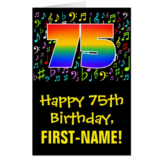 75th Birthday: Fun Music Symbols + Rainbow # 75 Card (Front)