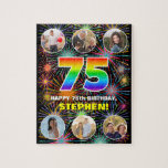 [ Thumbnail: 75th Birthday: Fun Rainbow #, Custom Name + Photos Jigsaw Puzzle ]