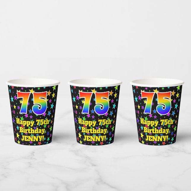 75th Birthday: Fun Stars Pattern and Rainbow 75 Paper Cups (Multi)