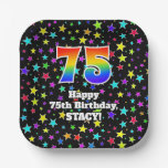 [ Thumbnail: 75th Birthday: Fun Stars Pattern and Rainbow “75” Paper Plates ]