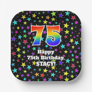 75th Birthday: Fun Stars Pattern and Rainbow “75” Paper Plates