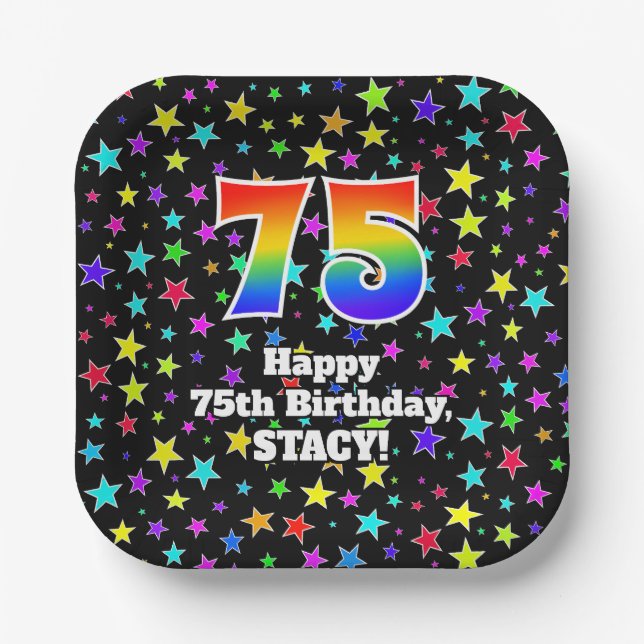 75th Birthday: Fun Stars Pattern and Rainbow “75” Paper Plates (Front)