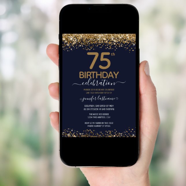 75th Birthday Glitter Invitation  Flyer (Front Digital)