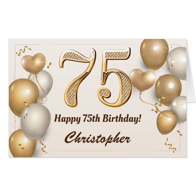 75th Birthday Gold Balloons Confetti Extra Large Card (Front Horizontal)