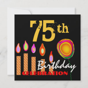 75th Birthday Gold Candles and Balloon Metallic Invitation