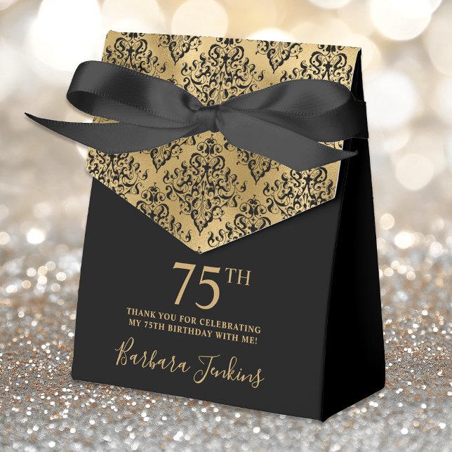 75th Birthday Gold Damask Thank You Favor Boxes (Creator Uploaded)