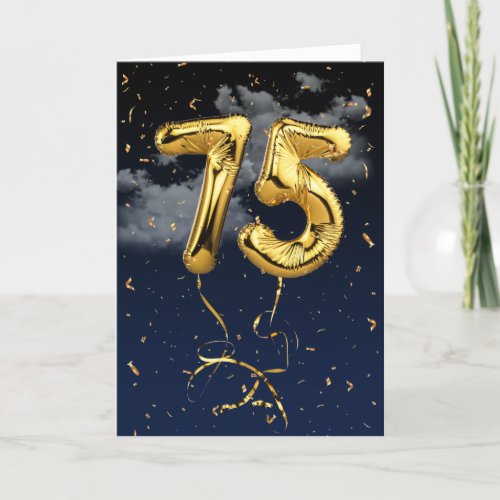75th Birthday Gold Mylar Balloon and Confetti Card
