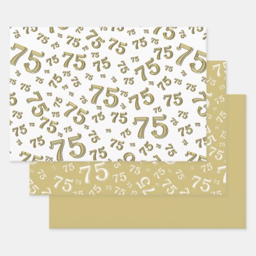 75th Birthday Gold  White Number Pattern 75 Wrapping Paper Sheets