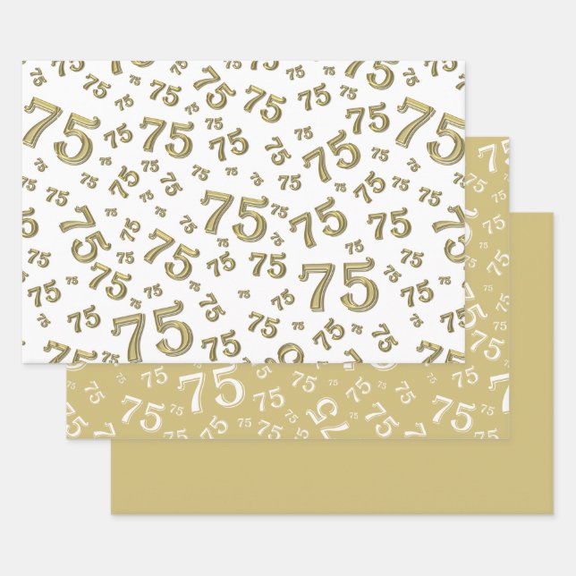 75th Birthday Gold & White Number Pattern 75 Wrapping Paper Sheets (Set)