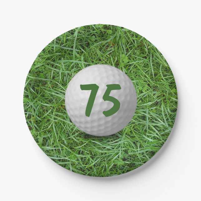 75th Birthday Golf Ball on Grass Paper Plates (Front)